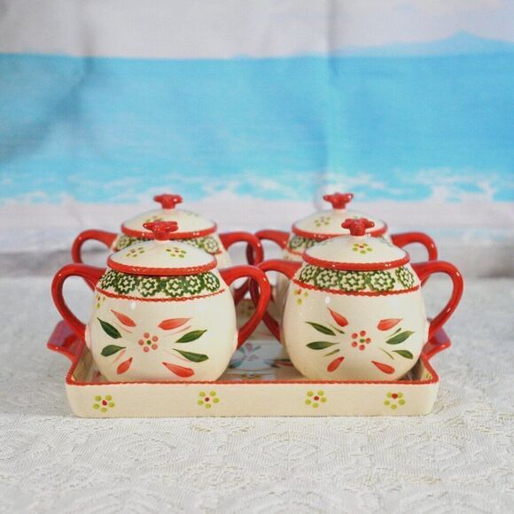 Temp-tations Old World Red and Green Seasonal Lidded Soup Crocks and Tray - Picture 1 of 8